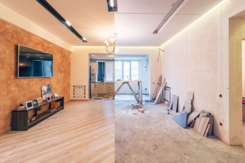 Living Room Renovation - A split-image showing the left side with a fully renovated living room and the right side featuring the room undergoing renovation, illustrating top repairs and renovations for distressed homes.
